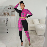 Plaid Patchwork Long Sleeve Two Piece Pants Set LLF-80258