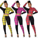 Plaid Patchwork Long Sleeve Two Piece Pants Set LLF-80258