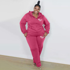 Plus Size Pink Letter Hooded Zipper Two Piece Sets XMF-094