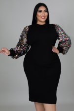 Plus Size Sequin Sleeve Patchwork Midi Dress OSM2-5297