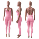 Sexy Solid V Neck Backless Cross Strap Tight Jumpsuit NIK-270