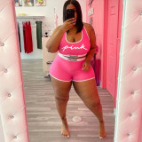 Plus Size Pink Letter Print Tank Top And Shorts 2 Piece Sets WAF-718147