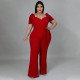 Plus Size Solid V Neck Short Sleeve Sashes Jumpsuit NNWF-7427