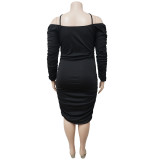 Plus Size Black Off Shoulder Ruched Midi Dress NNWF-7409