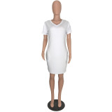 Solid V Neck Short Sleeve Casual Dress WAF-F008