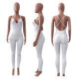 Sexy Solid V Neck Backless Cross Strap Tight Jumpsuit NIK-270
