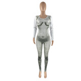 Sexy Printed Long Sleeve Zipper Tight Jumpsuit HHF-99107