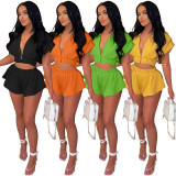 Solid Hooded Zipper Short Sleeve 2 Piece Sets MIL-L298