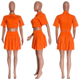 Solid Short Sleeve Pleated Mini Skirt Two Piece Sets HMS-5531