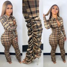 Plaid Long Sleeve Zipper Stacked Jumpsuit BGN-227