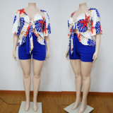 Plus Size Printed Tie-Up Top+Shorts 2 Piece Sets NNWF-7081