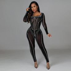 Sexy Hot Drilling See Through Long Sleeve Jumpsuit CYA-9536