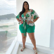 Plus Size Printed Tie-Up Top+Shorts 2 Piece Sets NNWF-7081