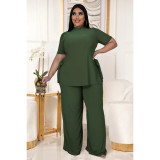 Plus Size Solid Split Top Wide Leg Pants 2 Piece Sets ASL-7070