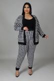 Plus Size Houndstooth Print Sashes Coat And Pants Set HNIF-092