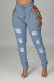 Denim Ripped Hole Lace Up Hollow Jeans LINW-9092