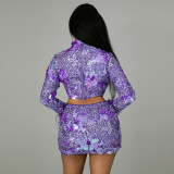 Purple Sequin Feather Crop Top Mini Skirt 2 Piece Sets CYA-9515