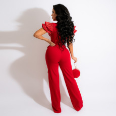 Red Sequin Patchwork Sashes Jumpsuit CYA-9520