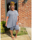 Plus Size Solid T Shirt And Shorts Two Piece Sets WAF-77416