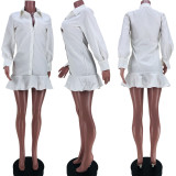 White Long Sleeve Ruffle Buttons Mini Dress JZHF-8077