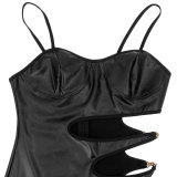 Plus Size PU Leather Hollow Out Split Bodycon Dress OSIF-21481