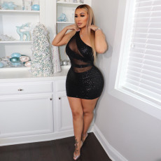 Plus Size Sequined Mesh Patchwork One Shoulder Club Dress OSIF-21513