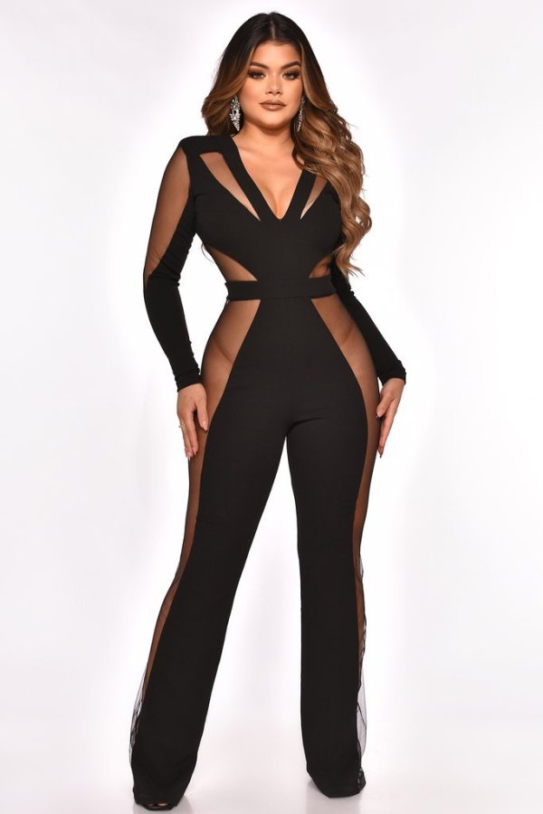 Sexy V Neck Mesh Patchwork Long Sleeve Jumpsuit OSM-3332