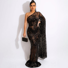 Plus Size Sequin One Shoulder Maxi Evening Dress OSIF-21495