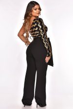 Sexy One Shoulder Sequin Patchwork Sashes Jumpsuit OSM-3331