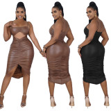 Plus Size Sexy Ruched Hollow Sling Midi Dress OSIF-21486