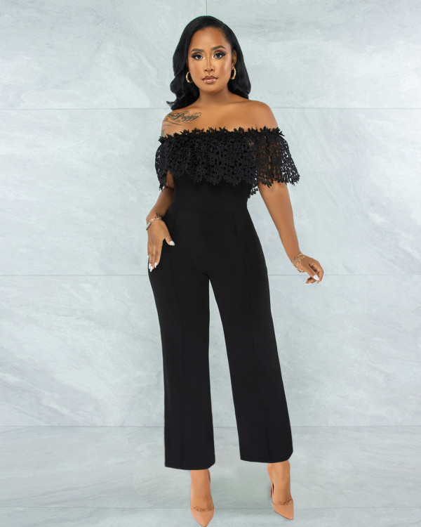 Sexy Lace Patchwork Slash Neck High Waist Jumpsuit ME-8014