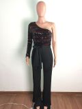 Sexy One Shoulder Sequin Patchwork Sashes Jumpsuit OSM-3331