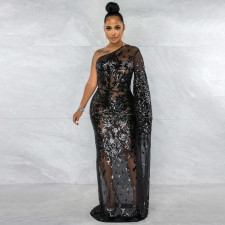 Plus Size Sequin One Shoulder Maxi Evening Dress OSIF-21495