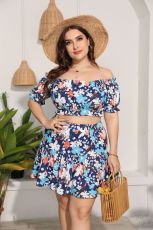 Plus Size Floral Print Crop Top Mini Skirt 2 Piece Sets HEJ-6104