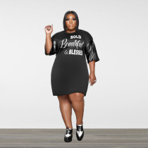 Plus Size Letter Print Patchwork Casual T Shirt Dress HNIF-011