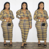 Plaid V Neck Crop Top Long Skirt 2 Piece Sets NY-2295