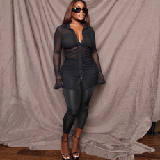Black Sexy Mesh Perspective Long Sleeve 2 Piece Sets NY-2299