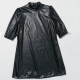 Plus Size PU Leather Half Sleeve Loose Dress NY-2293