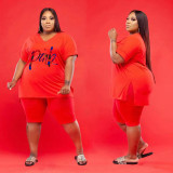 Plus Size Pink Letter Print V Neck T Shirt And Shorts Suits WAF-714382