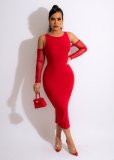 Solid Off Shoulder Mesh Sleeve Split Slim Midi Dress MIL-L300