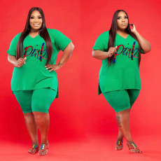 Plus Size Pink Letter Print V Neck T Shirt And Shorts Suits WAF-714382