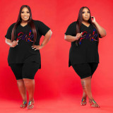 Plus Size Pink Letter Print V Neck T Shirt And Shorts Suits WAF-714382