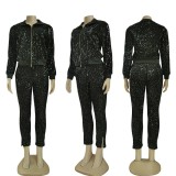 Black Sequin Zipper Coat And Pants 2 Piece Sets CY-6589