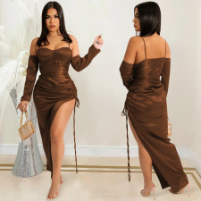 Sexy Solid Off Shoulder Drawstring Split Club Dress BY-5608