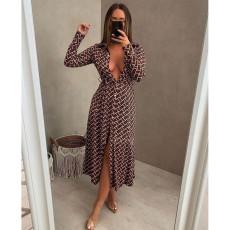 Casual Printed Long Sleeve Sashes Long Dress CY-6594