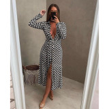 Casual Printed Long Sleeve Sashes Long Dress CY-6594