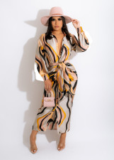 Casual Printed Long Sleeve Sashes Maxi Dress SMR-10828