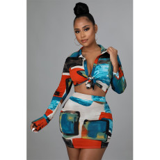 Graffiti Print Blouse Top Mini Skirt 2 Piece Sets CY-6596
