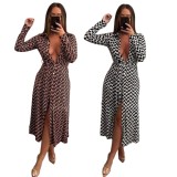 Casual Printed Long Sleeve Sashes Long Dress CY-6594