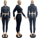 Solid Plush Hooded Lace Up Long Sleeve 2 Piece Pants Set JPF-1056